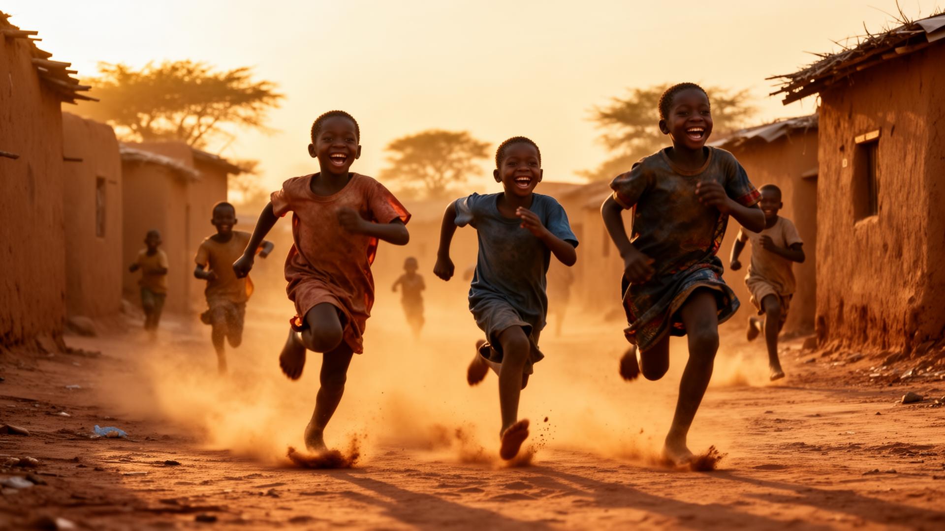 Children running joyfully through a Northern Nigerian village