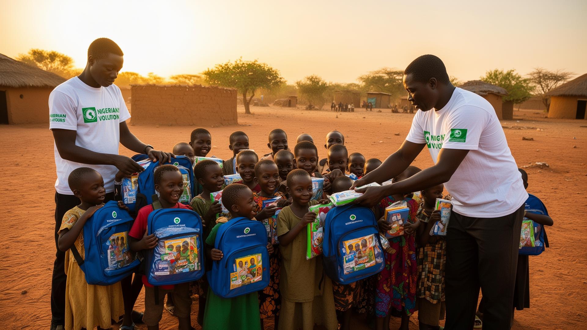 Volunteers handing out school bags